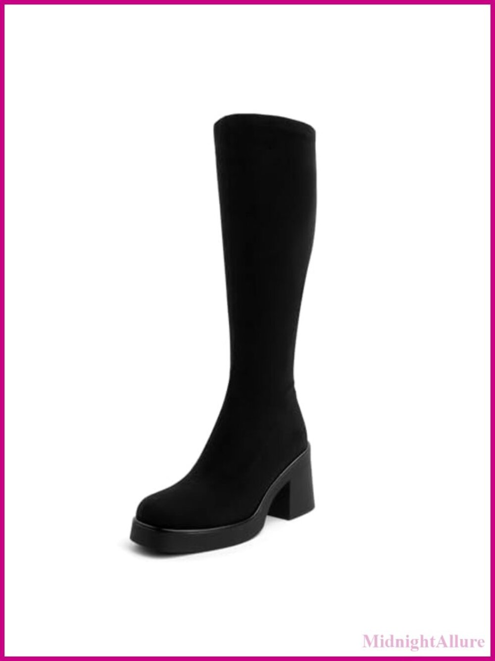 Faux Leather Knee High Boots Platform Square Toe Chunky Heel Side Zip